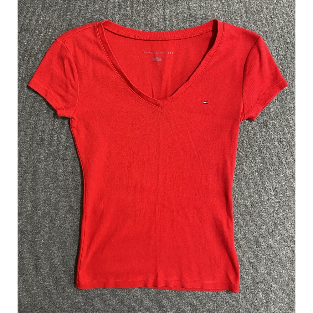 Tommy Hilfiger Shirt Womens Tee Red Short Sleeve V-Neck Top Adult  Size XS